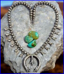 Navajo SQUASH BLOSSOM NECKLACE NAJA PENDANT Bench STERLING Ox. Old Vintage 20