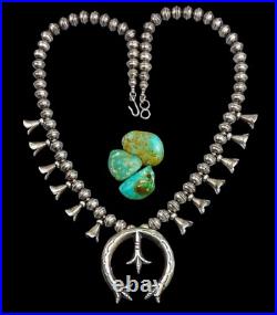 Navajo SQUASH BLOSSOM NECKLACE NAJA PENDANT Bench STERLING Ox. Old Vintage 20