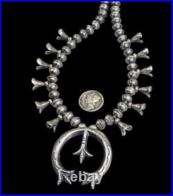 Navajo SQUASH BLOSSOM NECKLACE NAJA PENDANT Bench STERLING Ox. Old Vintage 20
