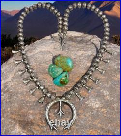 Navajo SQUASH BLOSSOM NECKLACE NAJA PENDANT Bench STERLING Ox. Old Vintage 20