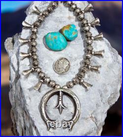 Navajo SQUASH BLOSSOM NECKLACE NAJA PENDANT Bench STERLING Ox. Old Vintage 20