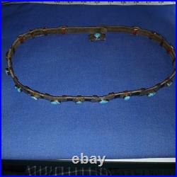 Navajo Silver, leather and Turquoise Vintage Hat Band. 18 Turquoise Silver Piece
