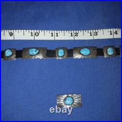 Navajo Silver, leather and Turquoise Vintage Hat Band. 18 Turquoise Silver Piece