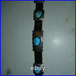 Navajo Silver, leather and Turquoise Vintage Hat Band. 18 Turquoise Silver Piece