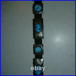 Navajo Silver, leather and Turquoise Vintage Hat Band. 18 Turquoise Silver Piece
