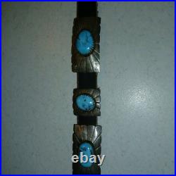 Navajo Silver, leather and Turquoise Vintage Hat Band. 18 Turquoise Silver Piece