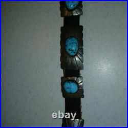 Navajo Silver, leather and Turquoise Vintage Hat Band. 18 Turquoise Silver Piece