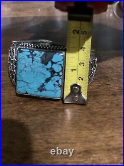 Navajo Solid Sterling Silver And Square Turquoise Stone Cuff Bracelet Vintage