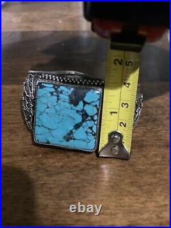 Navajo Solid Sterling Silver And Square Turquoise Stone Cuff Bracelet Vintage