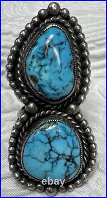 Navajo Vintage Native American Sterling Silver 2 Gorgeous Blue Turquoise Ring 9