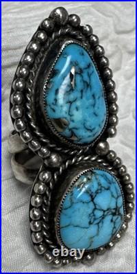Navajo Vintage Native American Sterling Silver 2 Gorgeous Blue Turquoise Ring 9