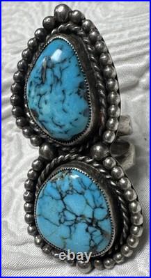 Navajo Vintage Native American Sterling Silver 2 Gorgeous Blue Turquoise Ring 9