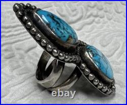 Navajo Vintage Native American Sterling Silver 2 Gorgeous Blue Turquoise Ring 9