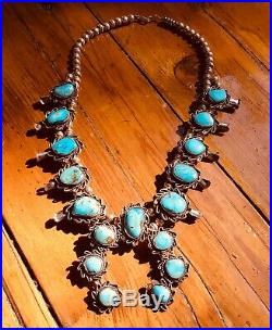 Navajo Vintage Squash Blossom Silver and Turquoise Necklace