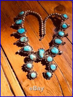 Navajo Vintage Squash Blossom Silver and Turquoise Necklace