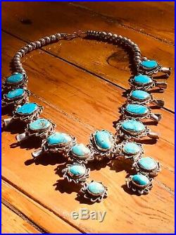 Navajo Vintage Squash Blossom Silver and Turquoise Necklace