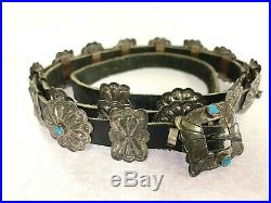 Navajo Vintage Sterling Silver Turquoise Black Leather Concho Belt & Buckle 40