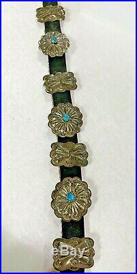 Navajo Vintage Sterling Silver Turquoise Black Leather Concho Belt & Buckle 40