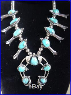 Navajo Vintage Sterling Silver with A+ Turquoise Small Squash Blossom Necklace
