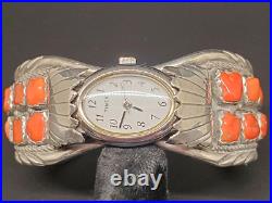 Navajo Watch Bracelet Red Mediterranean Coral Sterling Signed Collectible USA