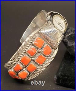 Navajo Watch Bracelet Red Mediterranean Coral Sterling Signed Collectible USA Navajo Watch Bracelet Red Mediterranean Coral Sterling Signed Collectible USA