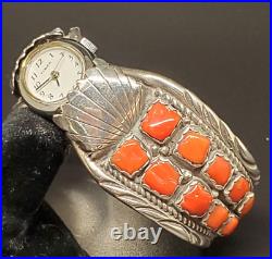 Navajo Watch Bracelet Red Mediterranean Coral Sterling Signed Collectible USA Navajo Watch Bracelet Red Mediterranean Coral Sterling Signed Collectible USA