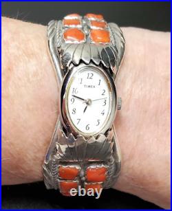Navajo Watch Bracelet Red Mediterranean Coral Sterling Signed Collectible USA
