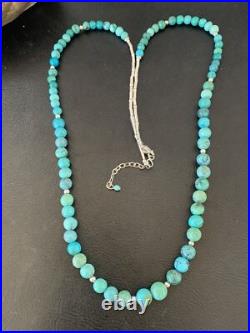 Navajo Wo Natural Blue Turquoise Bead Necklace Sterling Silver 25 11664