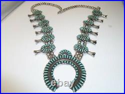 Needle Point Turquoise Sterling Silver Navajo Squash Blossom Necklace Vintage