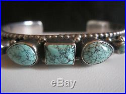 Nice Vintage Pawn Navajo Sterling Silver Spiderweb Turquoise Row Cuff Bracelet