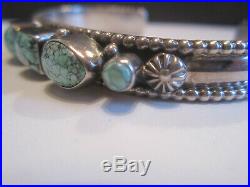 Nice Vintage Pawn Navajo Sterling Silver Spiderweb Turquoise Row Cuff Bracelet