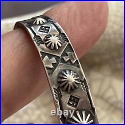 OLD Navajo Pawn Vintage Coin Silver Cuff Bracelet Ornate Symbols Eagle
