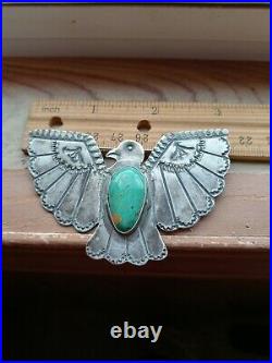 OLD PAWN VINTAGE NAVAJO FRED HARVEY STERLING TURQUOISE THUNDERBIRD PIN 3big