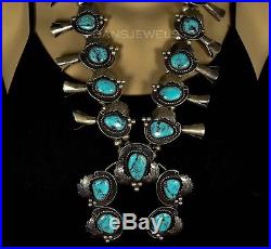 OLD Pawn Navajo Vintage Morenci TURQUOISE Sterling SQUASH BLOSSOM Necklace