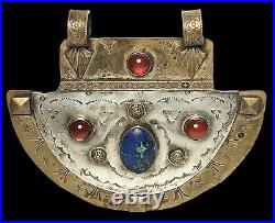 Old Native American Style Artisan Brass Sterling Azurite Carnelian Big pendant
