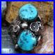 Old Navajo Double Turquoise Ring Intricate Appliques Size 7 1/4 Sterling Silver