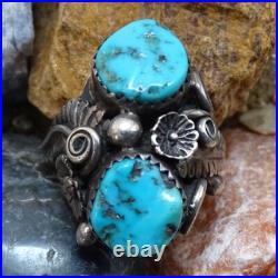 Old Navajo Double Turquoise Ring Intricate Appliques Size 7 1/4 Sterling Silver