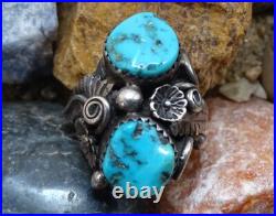 Old Navajo Double Turquoise Ring Intricate Appliques Size 7 1/4 Sterling Silver