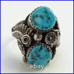 Old Navajo Double Turquoise Ring Intricate Appliques Size 7 1/4 Sterling Silver