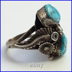 Old Navajo Double Turquoise Ring Intricate Appliques Size 7 1/4 Sterling Silver