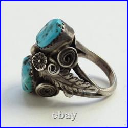 Old Navajo Double Turquoise Ring Intricate Appliques Size 7 1/4 Sterling Silver