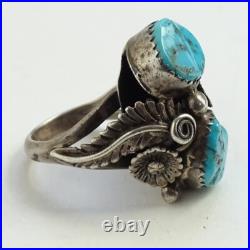 Old Navajo Double Turquoise Ring Intricate Appliques Size 7 1/4 Sterling Silver