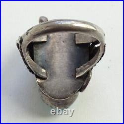 Old Navajo Double Turquoise Ring Intricate Appliques Size 7 1/4 Sterling Silver