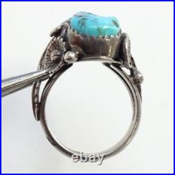 Old Navajo Double Turquoise Ring Intricate Appliques Size 7 1/4 Sterling Silver