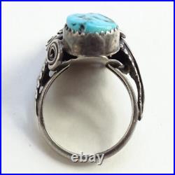 Old Navajo Double Turquoise Ring Intricate Appliques Size 7 1/4 Sterling Silver