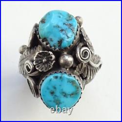 Old Navajo Double Turquoise Ring Intricate Appliques Size 7 1/4 Sterling Silver