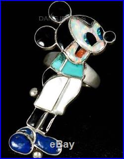Old PAWN Vintage 70s Rare Mickey Mouse Zuni Signed WL Sterling Turquoise Ring