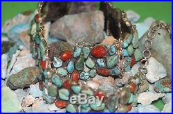 Old Pawn Vintage Concho Belt Kingman Turquoise And Red Natural Coral, Sterling