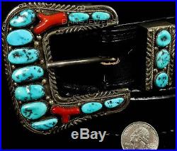 Old Pawn Vintage NAVAJO Handmade Sterling Silver Turquoise Coral Belt and Buckle