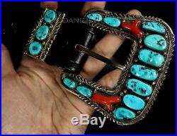 Old Pawn Vintage NAVAJO Handmade Sterling Silver Turquoise Coral Belt and Buckle